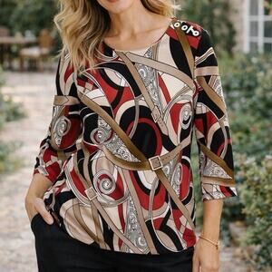 Chicos 1 Ponte Knit Top Medium Belt Buckle Equestrian Print Boat Neck Classic